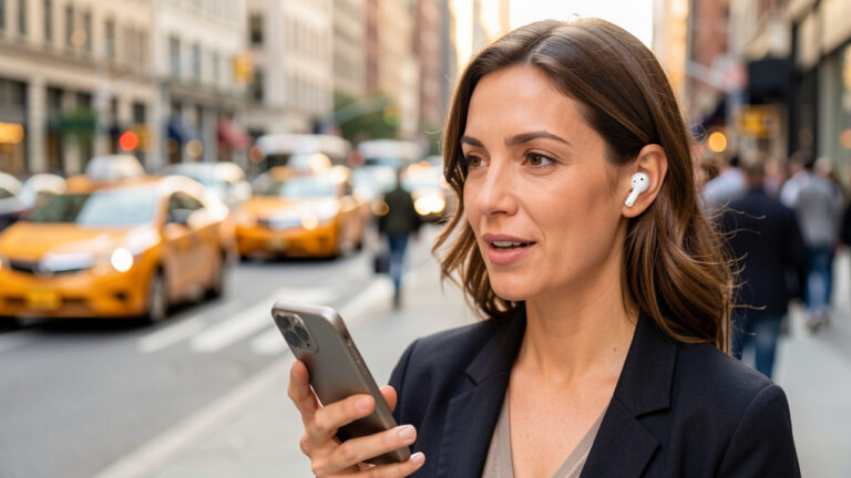 Une femme portant des écouteurs sans fil téléphone calmement dans une rue urbaine animée, tandis qu’une paire d’écouteurs est présentée au premier plan.