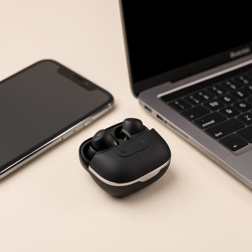 Écouteurs intra-auriculaires sans fil dans leur boîtier de recharge, placés à côté d’un smartphone, d’une tablette et d’un ordinateur portable.