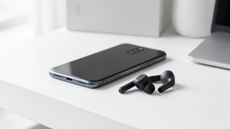 Écouteurs sans fil modernes placés à côté d’un smartphone haut de gamme sur un bureau minimaliste éclairé par une lumière naturelle douce.