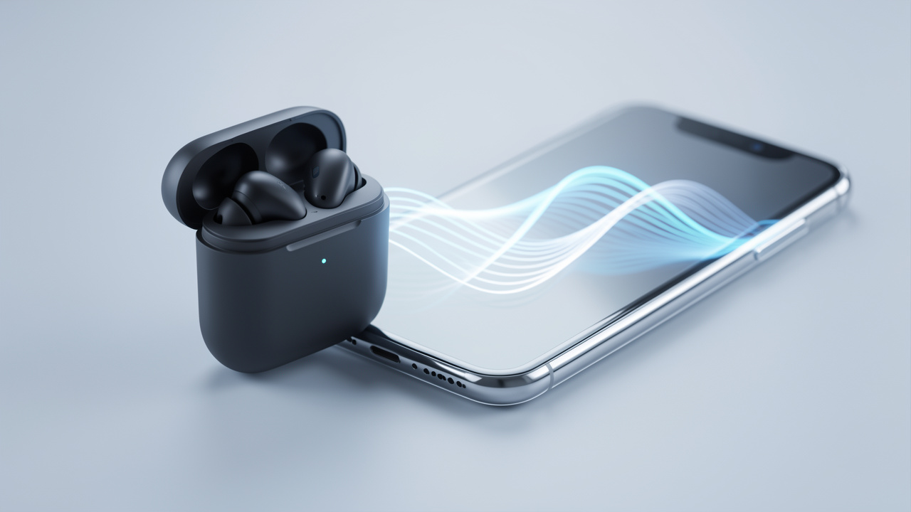 Écouteurs sans fil haut de gamme dans leur boîtier, placés à côté d’un smartphone moderne dans une ambiance technologique épurée.