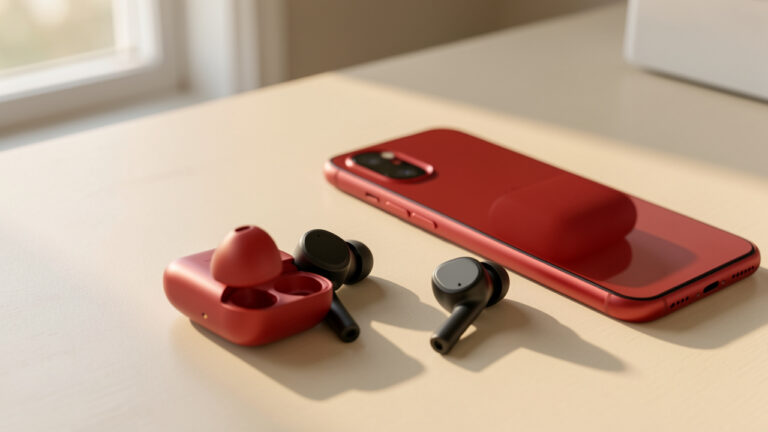 Écouteurs sans fil et boîtier de recharge posés à côté d’un smartphone rouge sur un bureau lumineux.