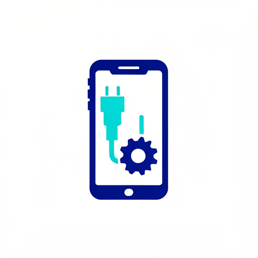 Emblème minimaliste représentant un smartphone entouré d’accessoires et de pièces techniques, en bleu cobalt et turquoise sur fond blanc uni.