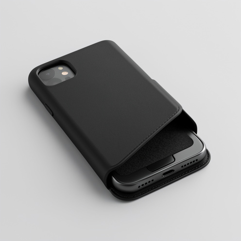 Étui à rabat noir pour smartphone, présenté ouvert pour montrer sa doublure protectrice et ses emplacements fonctionnels.