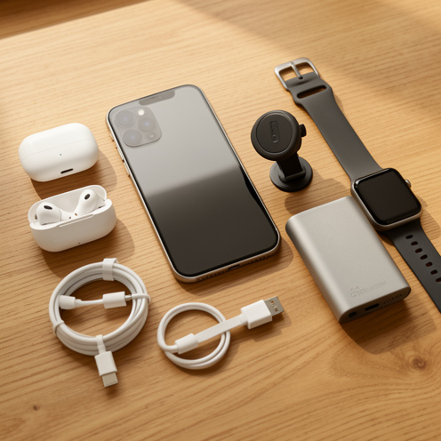Smartphone entouré d’accessoires modernes, notamment des écouteurs sans fil, une coque, un câble de recharge, une batterie externe, un support de voiture et une montre connectée.