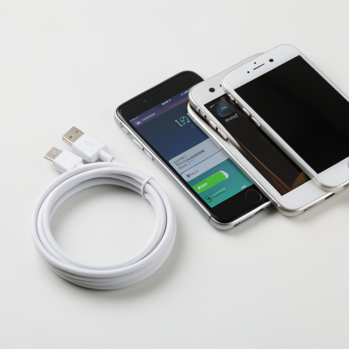 Câble chargeur blanc avec connecteur réversible et prise USB-A placé à côté de deux smartphones d’ancienne génération.