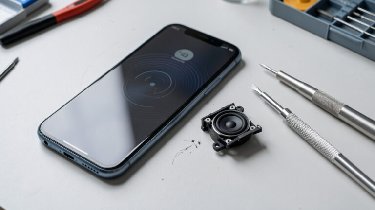Smartphone ouvert sur un espace de réparation, avec son haut-parleur défectueux, une pièce de remplacement et des outils de précision.