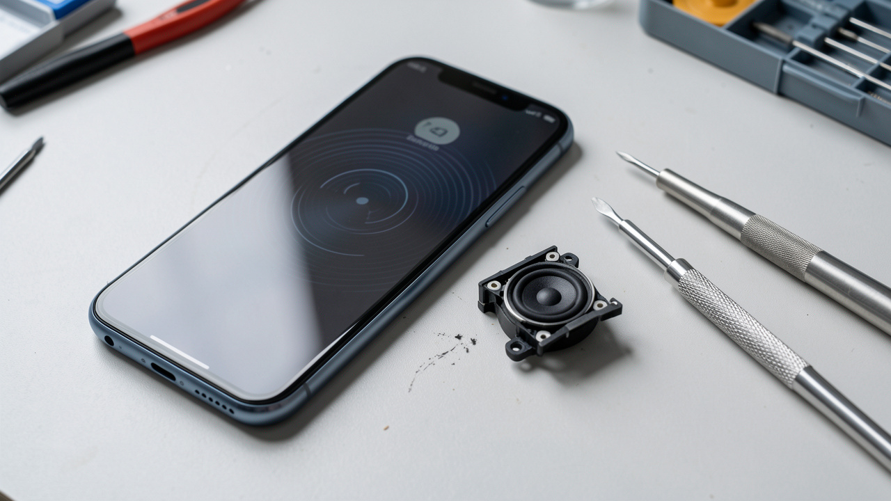Smartphone ouvert sur un espace de réparation, avec son haut-parleur défectueux, une pièce de remplacement et des outils de précision.
