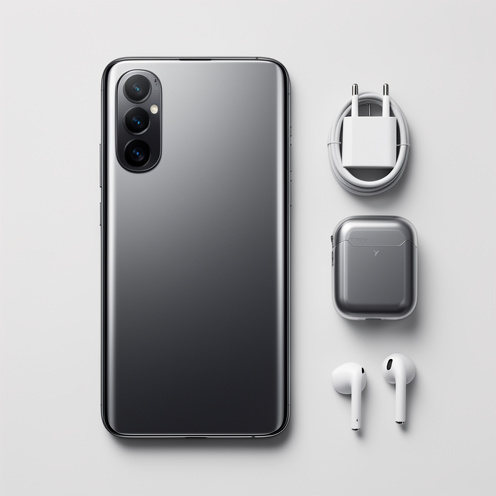 Smartphone haut de gamme au design métallique accompagné d’un câble de recharge, d’un adaptateur secteur, d’une coque de protection et d’écouteurs.