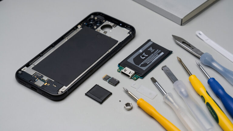 Smartphone noir démonté sur un établi, entouré d’un écran de remplacement, d’une batterie, d’un module de port de charge et d’outils de réparation.