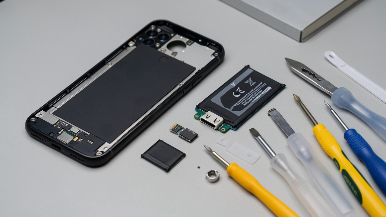 Smartphone noir démonté sur un établi, entouré d’un écran de remplacement, d’une batterie, d’un module de port de charge et d’outils de réparation.
