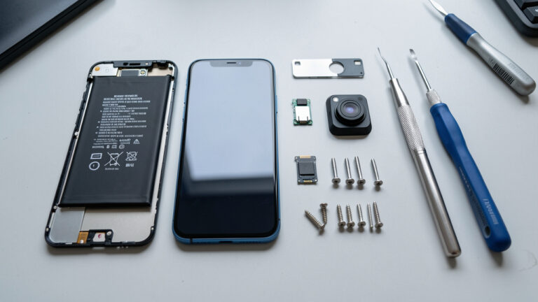 Smartphone démonté avec batterie, écran, port de charge, module photo et outils de précision disposés sur un établi.