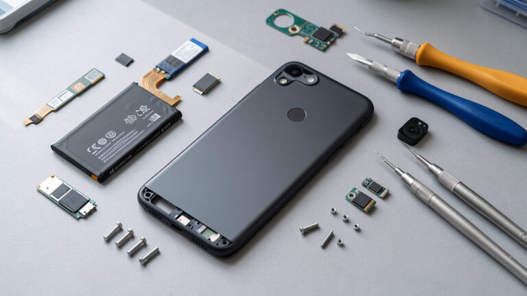 Smartphone démonté entouré de pièces détachées et d’outils de précision pour sa réparation et sa durée de vie prolongée.