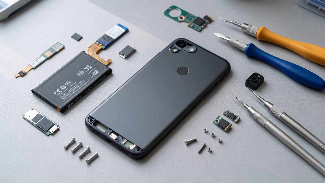 Smartphone démonté entouré de pièces détachées et d’outils de précision pour sa réparation et sa durée de vie prolongée.