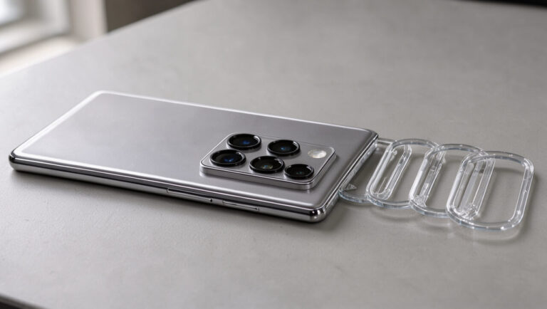 Gros plan d’un smartphone posé sur un bureau avec plusieurs protections transparentes disposées près de ses lentilles photo arrière.