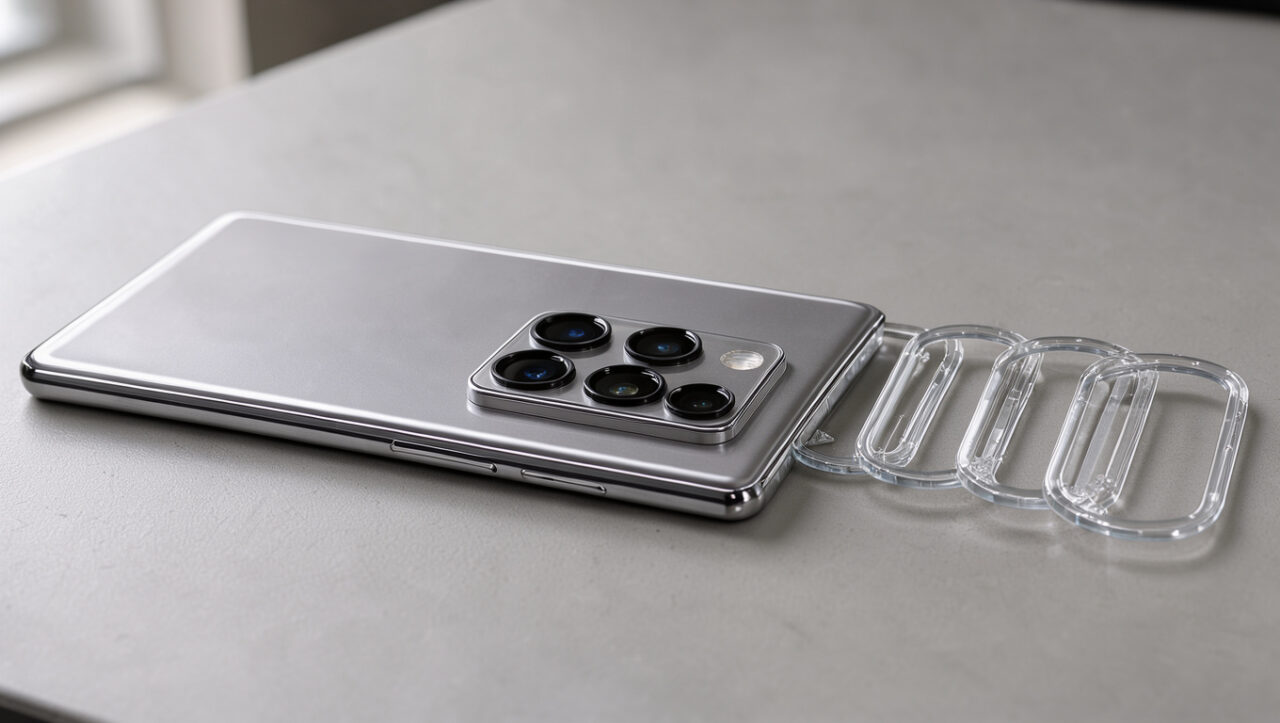 Gros plan d’un smartphone posé sur un bureau avec plusieurs protections transparentes disposées près de ses lentilles photo arrière.