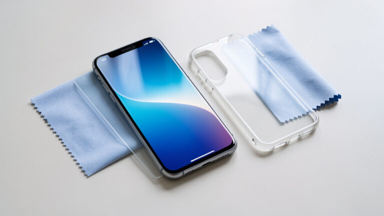 Smartphone moderne accompagné d’une coque transparente, d’un verre trempé et d’un chiffon doux pour protéger son écran et son design.