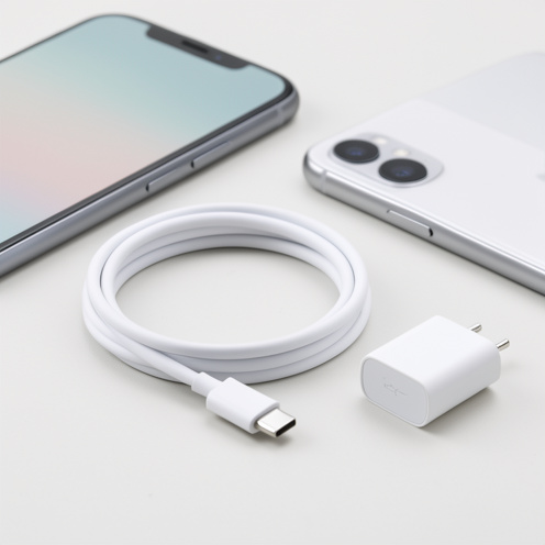 Gros plan sur un câble de recharge blanc pour smartphone, soigneusement disposé à côté d’un téléphone et d’un adaptateur USB-C.