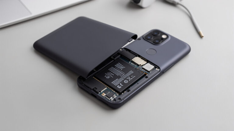 Smartphone moderne ouvert laissant apparaître sa batterie interne et ses composants, illustrant la nécessité éventuelle de remplacer la batterie.