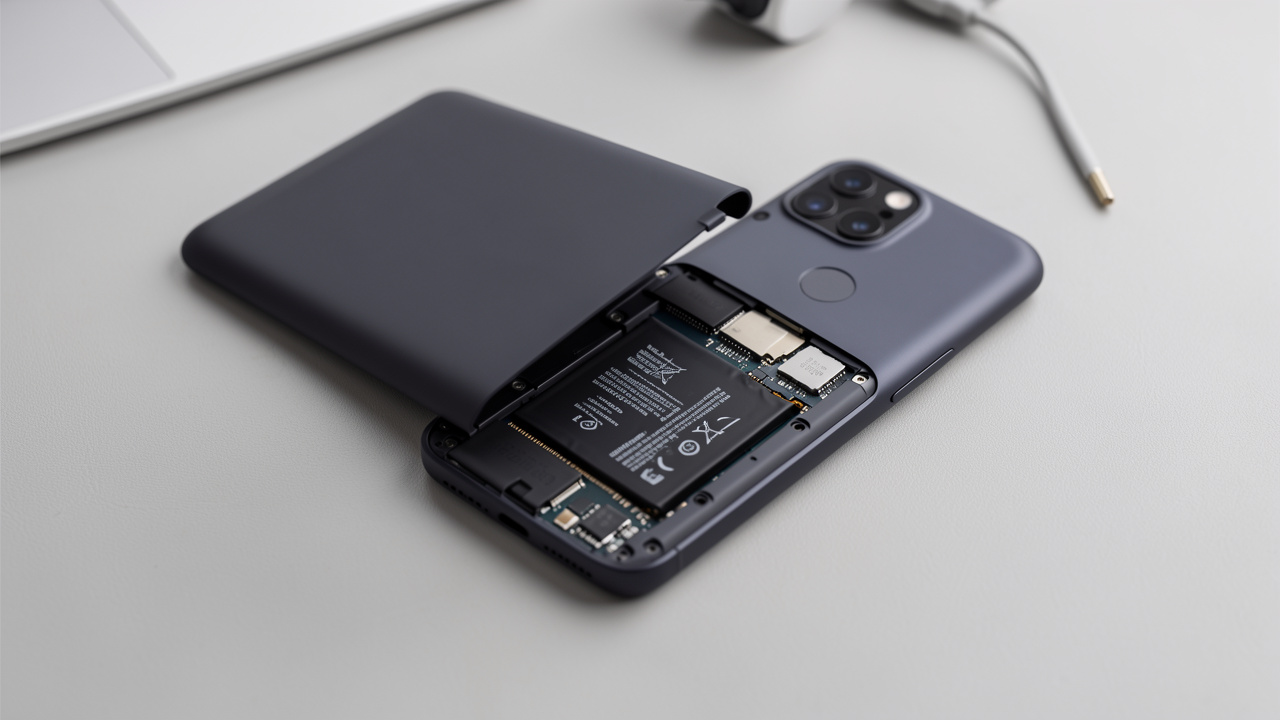 Smartphone moderne ouvert laissant apparaître sa batterie interne et ses composants, illustrant la nécessité éventuelle de remplacer la batterie.