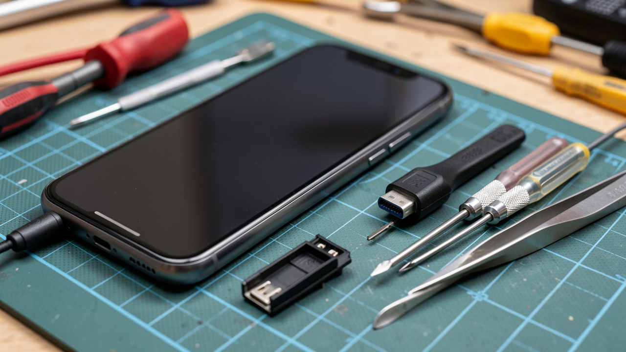 Smartphone ouvert sur un tapis de réparation, avec son connecteur de charge exposé, une pièce compatible et des outils de précision.
