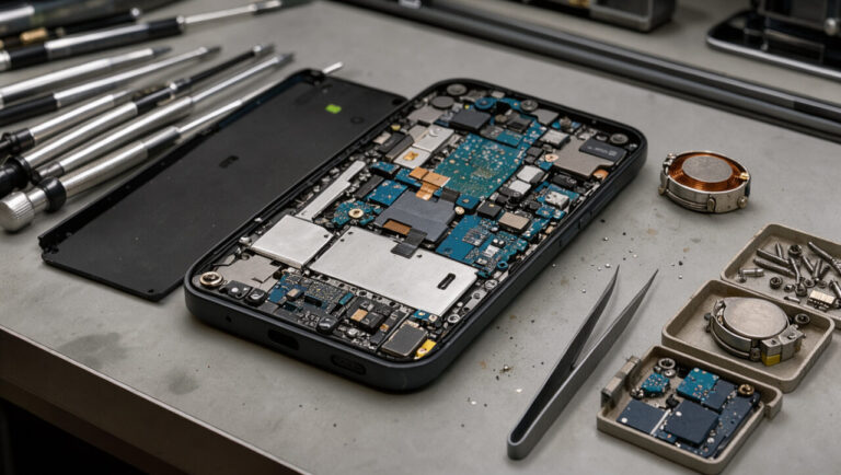 Smartphone démonté sur un établi, avec son moteur de vibration exposé et des outils de précision pour le diagnostic et le remplacement.