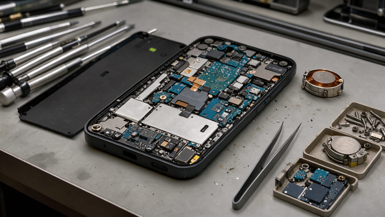 Smartphone démonté sur un établi, avec son moteur de vibration exposé et des outils de précision pour le diagnostic et le remplacement.