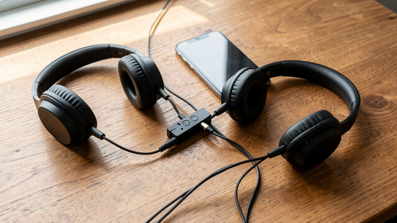 Smartphone relié à un répartiteur jack auquel sont connectées deux paires d'écouteurs filaires sur un bureau en bois.