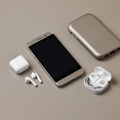 Smartphone compact de milieu des années 2010 présenté avec son chargeur, des écouteurs et une coque de protection.