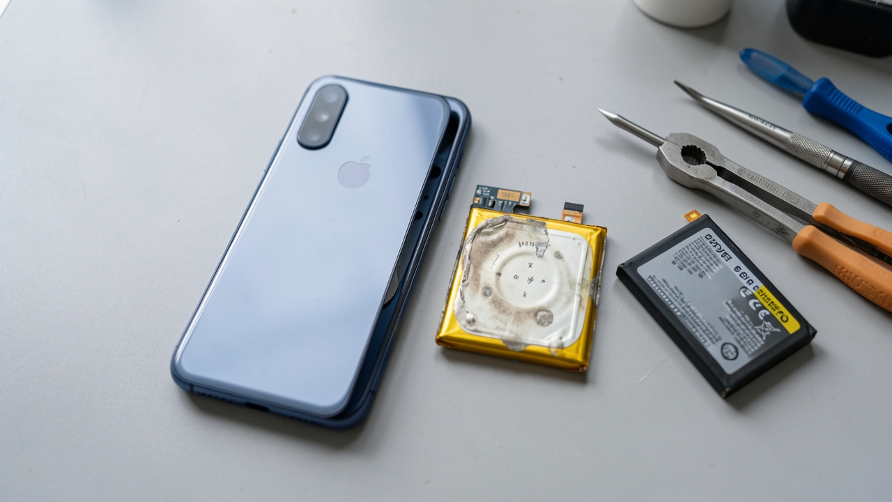 Un smartphone ouvert sur un établi, avec une batterie usée légèrement gonflée, une batterie neuve et des outils de réparation.