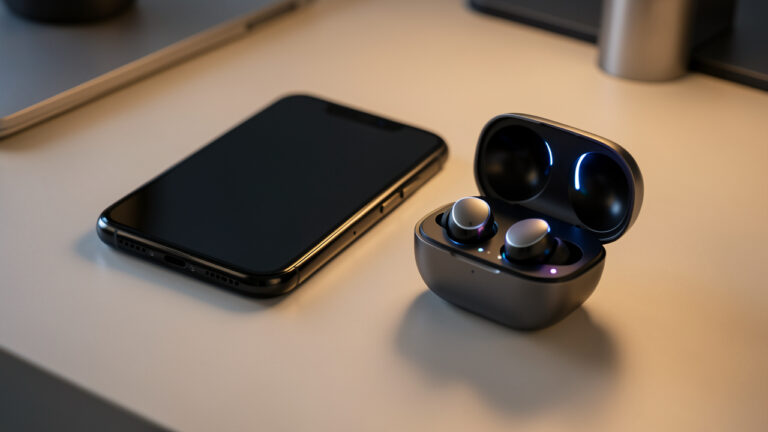 Smartphone moderne posé à côté d’écouteurs sans fil dans leur boîtier de recharge ouvert, sur un bureau minimaliste.