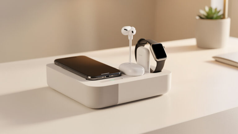 Station de charge élégante accueillant simultanément un smartphone, une montre connectée et des écouteurs sans fil.