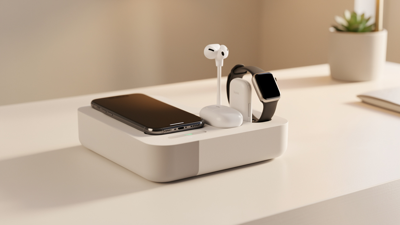 Station de charge élégante accueillant simultanément un smartphone, une montre connectée et des écouteurs sans fil.