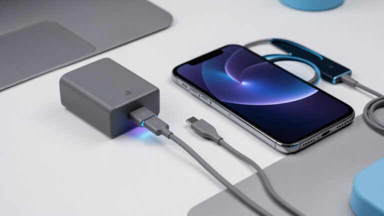 Chargeur mural USB-C PPS, câble USB-C et smartphone présentés côte à côte pour illustrer la vérification de leur compatibilité avec la charge rapide.
